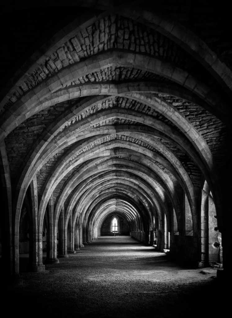 black and white photo of an abbey